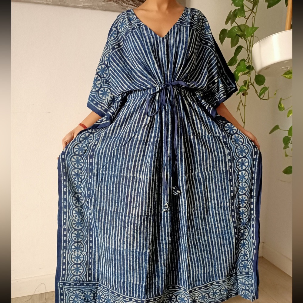 NWOT Indigo Block Printed Caftan (Free Size)